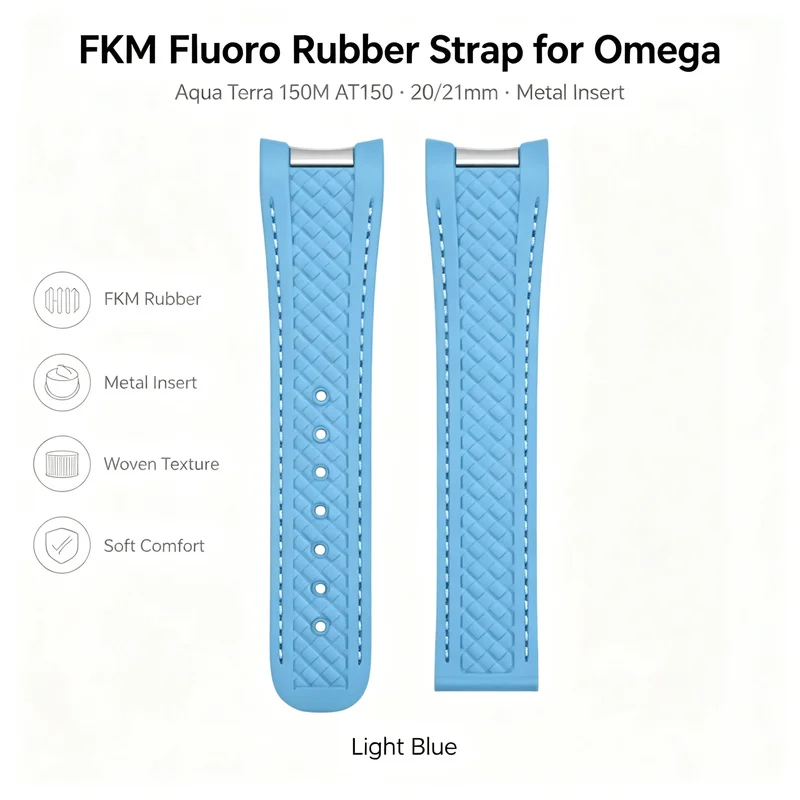 20mm 21mm Premium FKM Fluoro Rubber Strap for Omega Aqua Terra 150M AT150 Light Blue Metal Insert Men's Replacement Watch Band