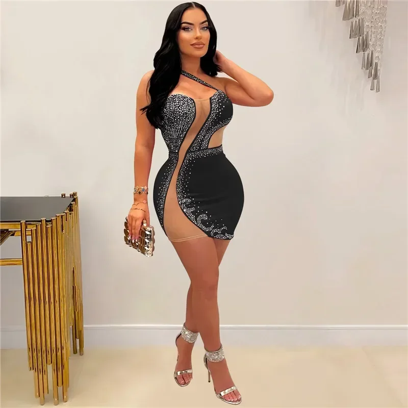 2023 ein Riemen durchsichtig Mesh Patchwork Strass sexy Party kleider für Frauen Bodycon Sommer Diamanten Nachtclub Mini kleid