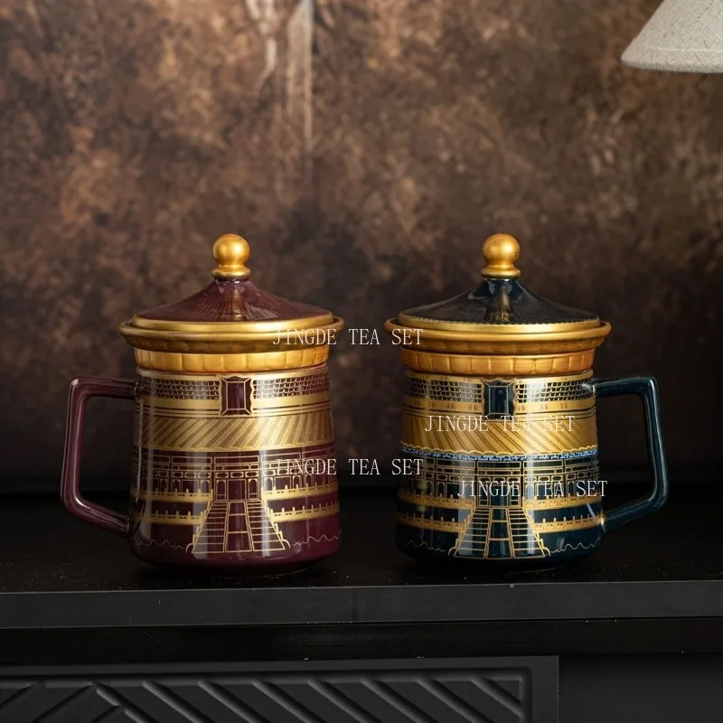 Chinese Style Ceramic Mug Gold Painted Ancient Building Pattern Office Tea Cup with Lid Infuser Tea Water Separation Drinkware