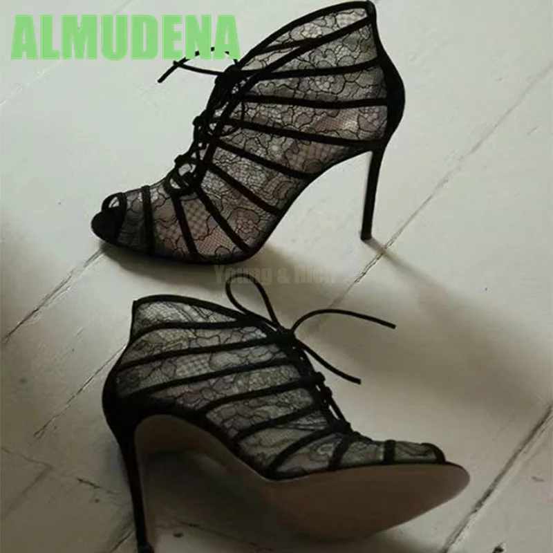 

Black Lace Sandals Fashionable Temperament and Auspicious Cloud Design Front Lace Up Slim High Heels Sandalias De Mujer Verano