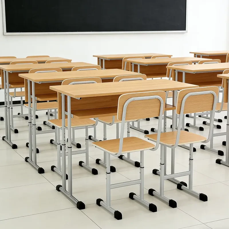 Modern Metal Double Student Desk and Chair Set with Stable Base for High School Classroom Furniture