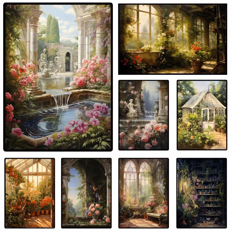 Vintage Botanical Flower Greenhouse Dark Academia Posters and Prints Canvas Printing Wall Art Picture for Living Room Home Decor