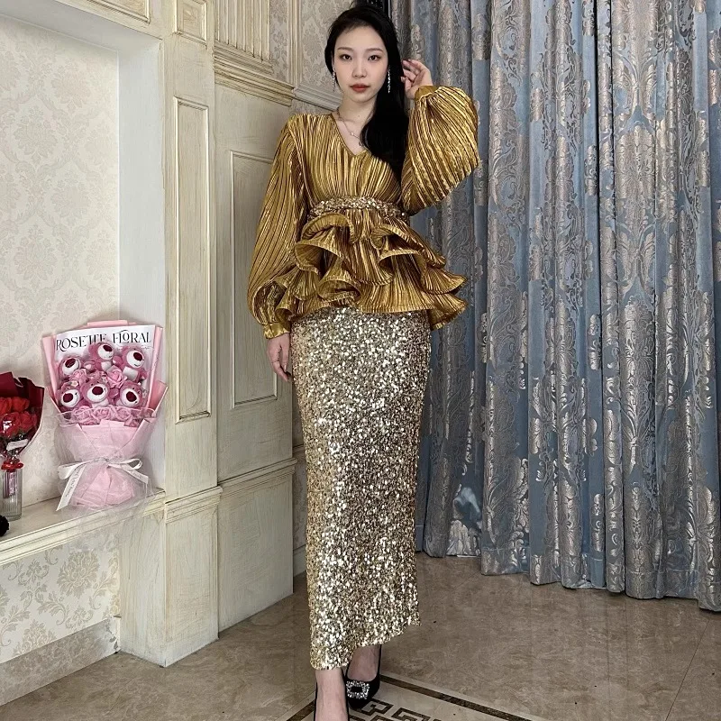 Neploe Elegant Vintage Ruffles Slim Waist Long Sleeve Tops Women+ High Waist Sequin Skirts 2024 Summer New Two Piece Sets