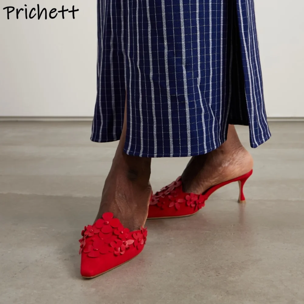 

Red Blue Flower Slippers Pointy Toe Thin Heels Slip On Slingback Fashion Elegant Shoes Women's Summer Outdoor Stiletto Slippers