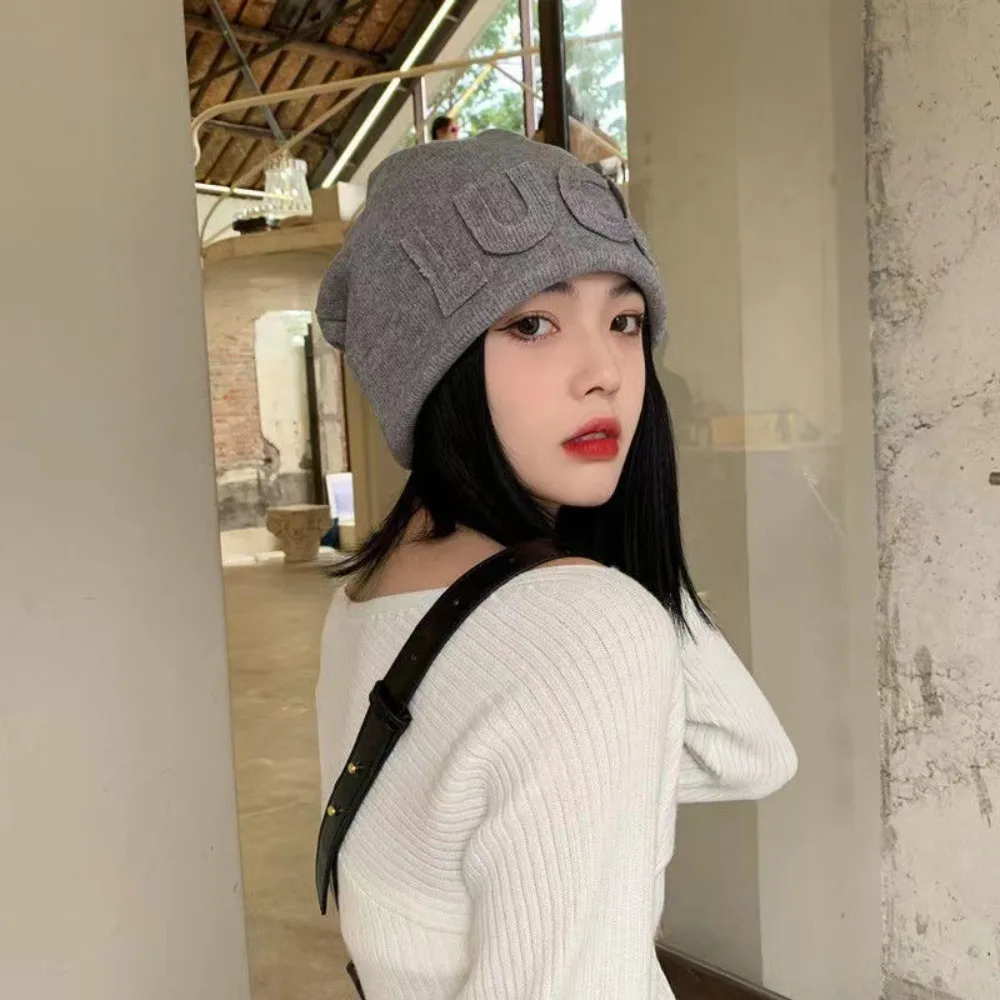 Polyester Fiber Women Beanie Hat Letter Embroidery Korean Japanese Style Slouchy Stack Cap Soft Knit Fabric Pull On Hat Women