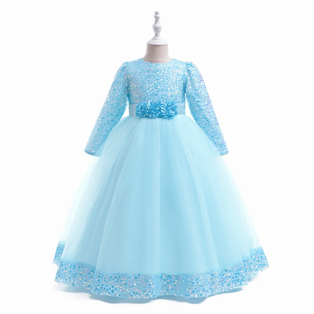 Sequin Christmas Girls Party Dress Long Sleeve Children Clothes Elegant Flower Princess Tulle Gown Kids Birthday Wedding Dresses image 2