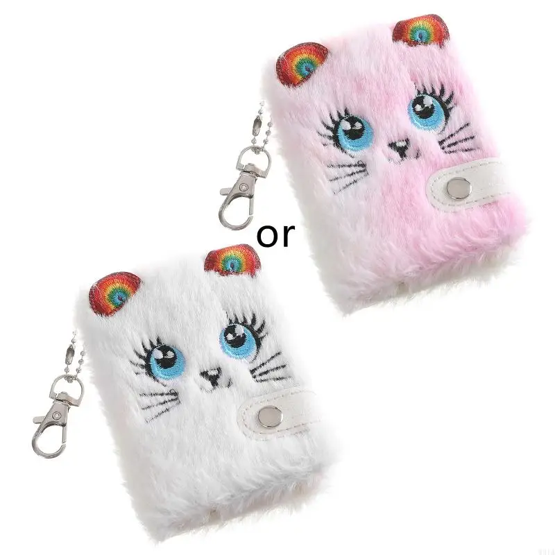 W91A Phim hoạt hình Pocket Pocket Notebook Trống dày giấy bên trong với Keychain Mini Plush cho mèo Viết bản vẽ Pad Travel