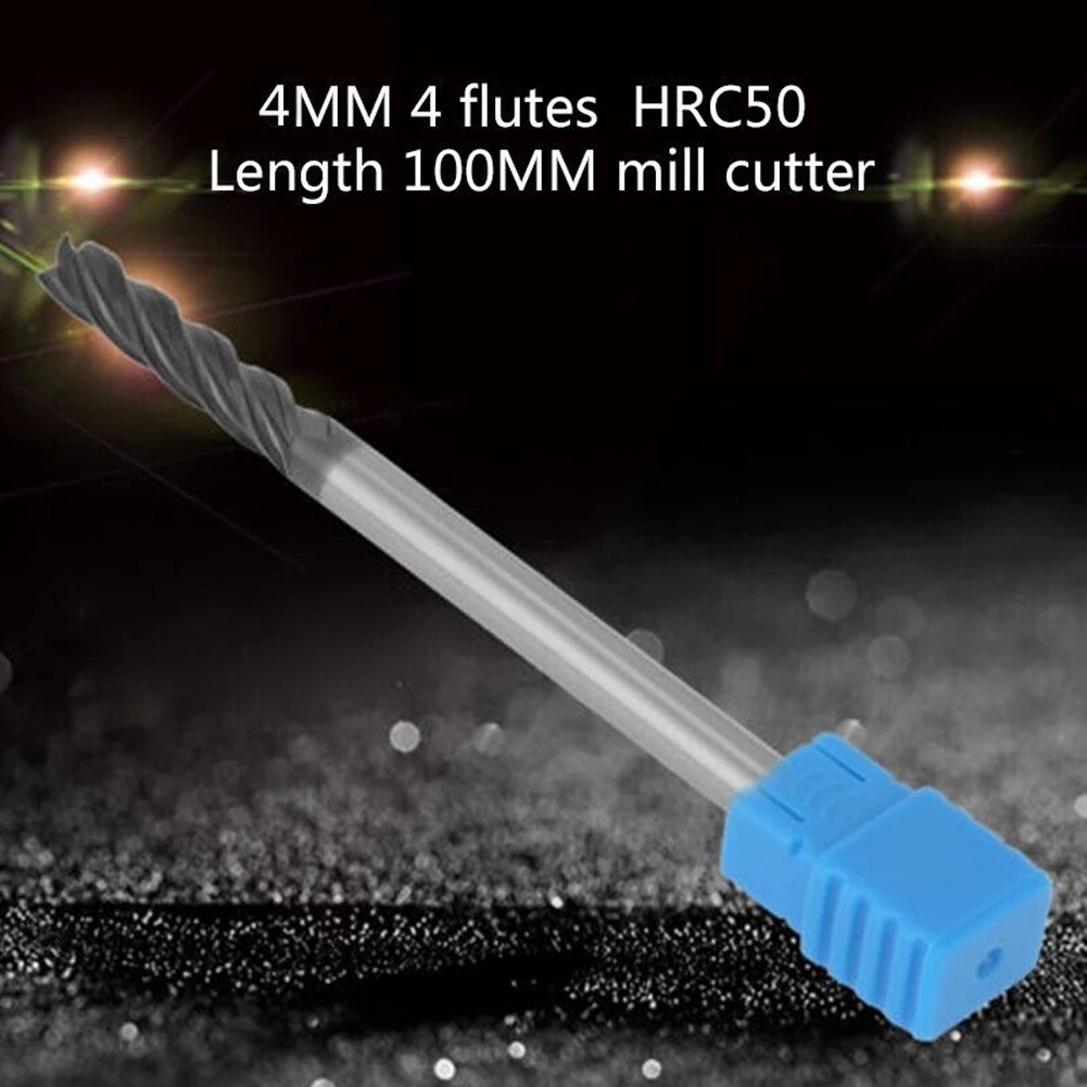 

Extra Long Shank 100mm Carbide End Mill, 4MM CNC Milling Cutter with 4 Flutes, HRC45 Hardness for Applications