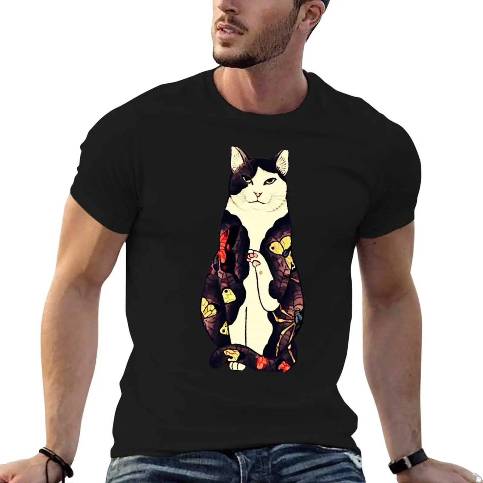 

Antique Japanese Woodblock Print Cat with Butterfly Spider and Flower Tattoos T-Shirt man graphic t shirt T-Shirt