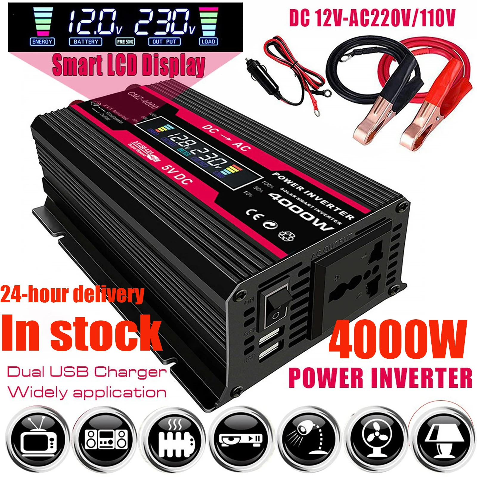 

4000W LCD Display Solar Power Inverter 12V to 110V/220V USB Modified Sine Wave Voltage Transformer Car Adapter Charge Converter