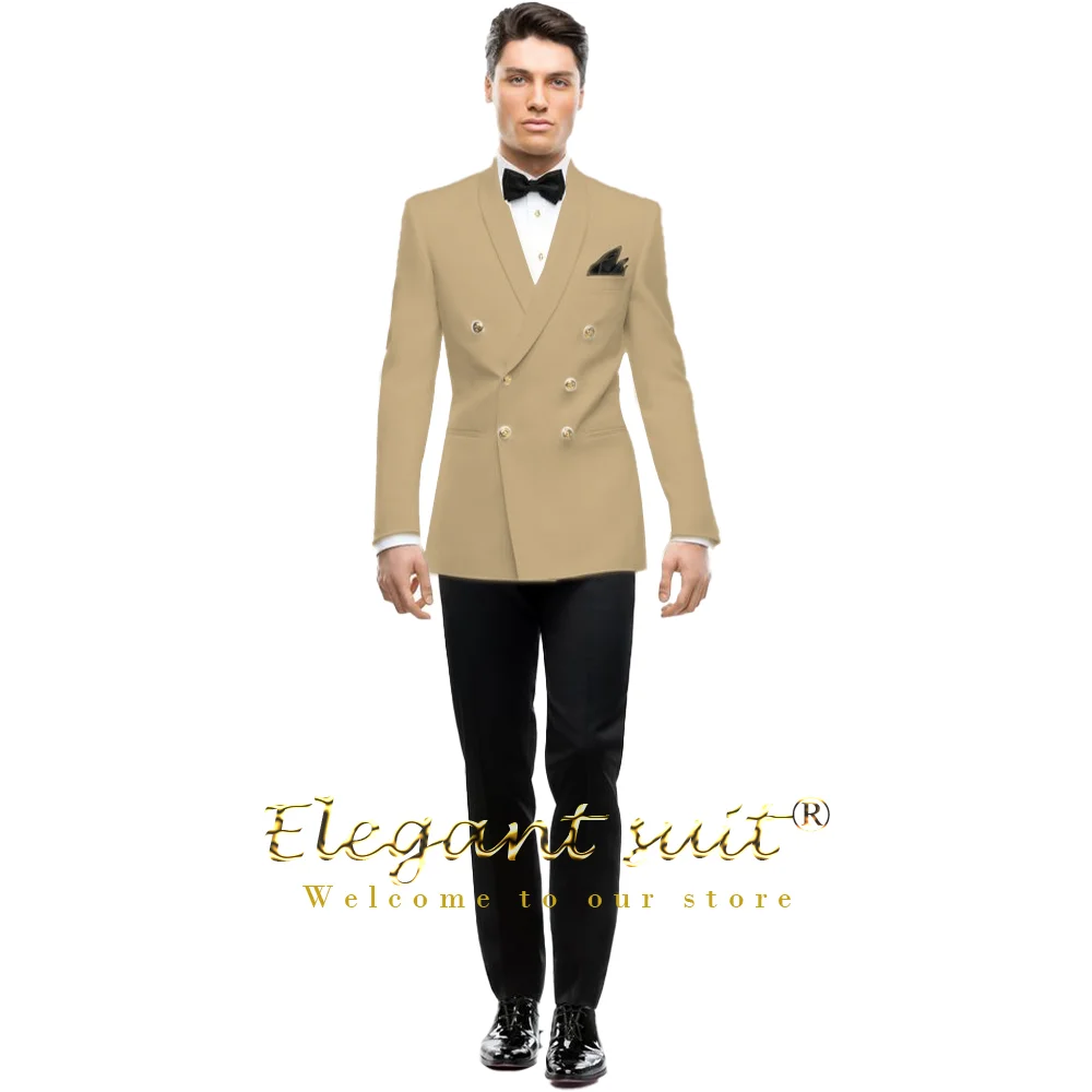 Men's double breasted gold button trousers suit, suitable for wedding formal events, customizable suit dress suit