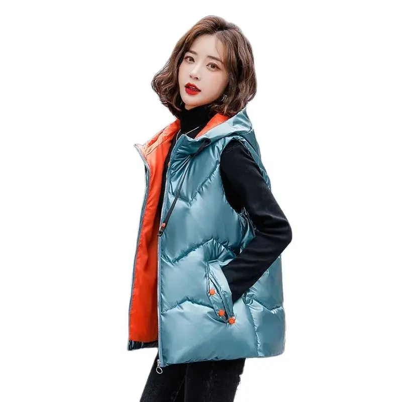 

Vest Coat Women's Glossy Hooded Trend Winter Down Cotton Vest Jacket Women Korean Fashion Sleeveless Short Warm Female Tops