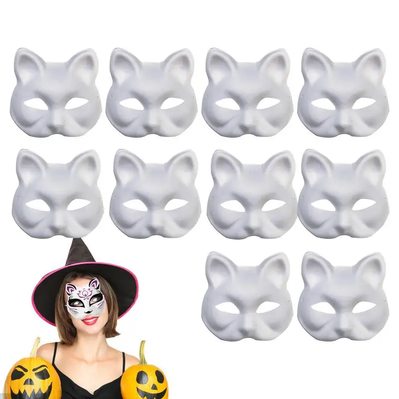 10Pcs DIY White Blank Paintable Cat Mask Lightweight Durable Halloween Party Cosplay Prop Mask Animal Face Mask