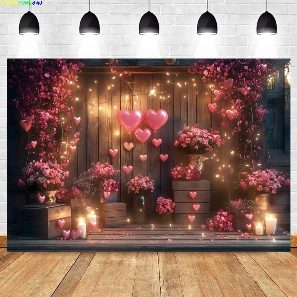 

Romantic Valentine's Day Theme Photo Background Flowers Love Hot Air Balloon AI Scene Wedding Party Photography Backdrop Props