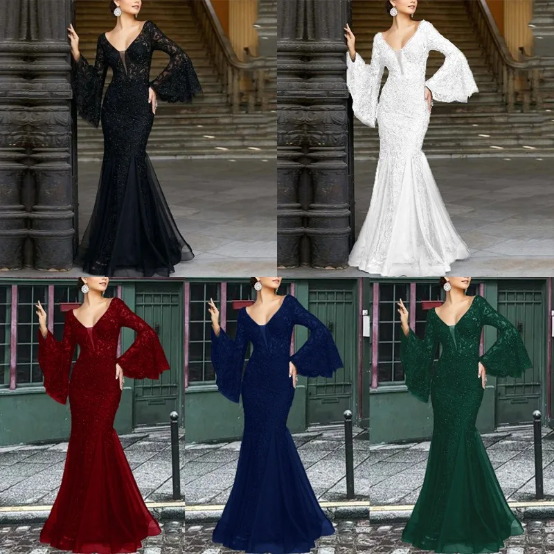 

2025 Plus Size Women's Flare Sleeve Sexy V Neck Lace Embroidered Fishtail Black Slim Long Bodycon Evening Mermaid Dress