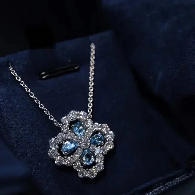 Explosive four-leaf clover women's necklace light luxury niche full diamond aquamarine collarbone chain women's jewelry