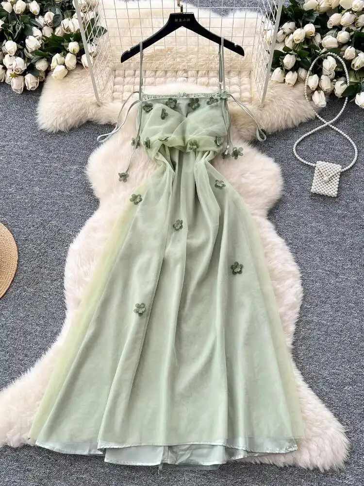 ภาษาฝรั่งเศสคําสีเขียวชุดชายหาดผู้หญิงฤดูร้อนดอกไม้สามมิติตาข่ายชุดยาวสุภาพสตรี Slim A-Line Boho ยาว Robe Vestidos