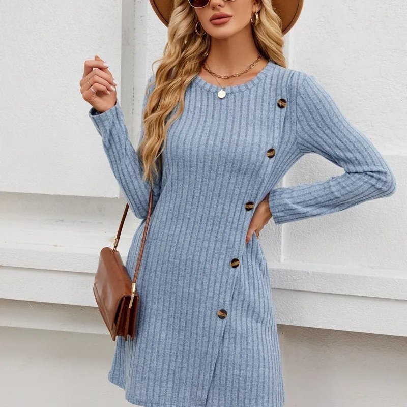Casual Women's Long Sleeved Top Autumn Women's Round Neck Pit Stripe Brushed Split Autumn Solid Color Loose Button T-shirt