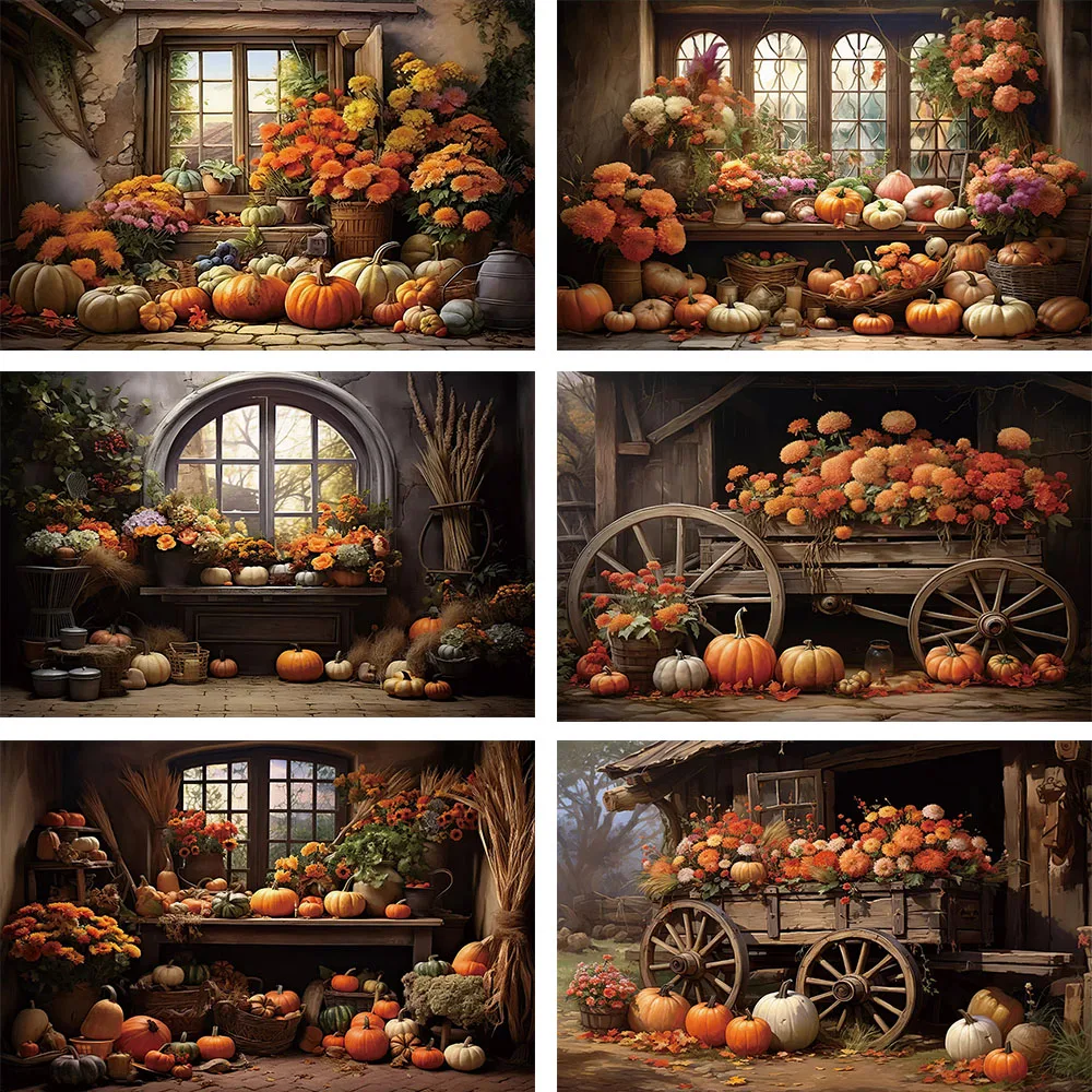 

Avezano Autumn Photography Background Kids Portrait Photo Backdrop Pumpkin Flowers Wheels Old House Warehouse Windows Photobooth