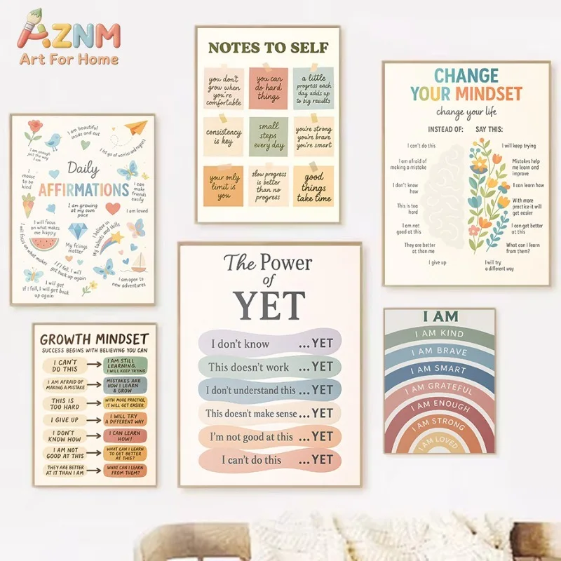 AZNM Growth Mindset Positive Affirmation Canvas Wall Art, The Power of Yet Print, Poster de décoration inspirant pour la salle de classe, sans cadre