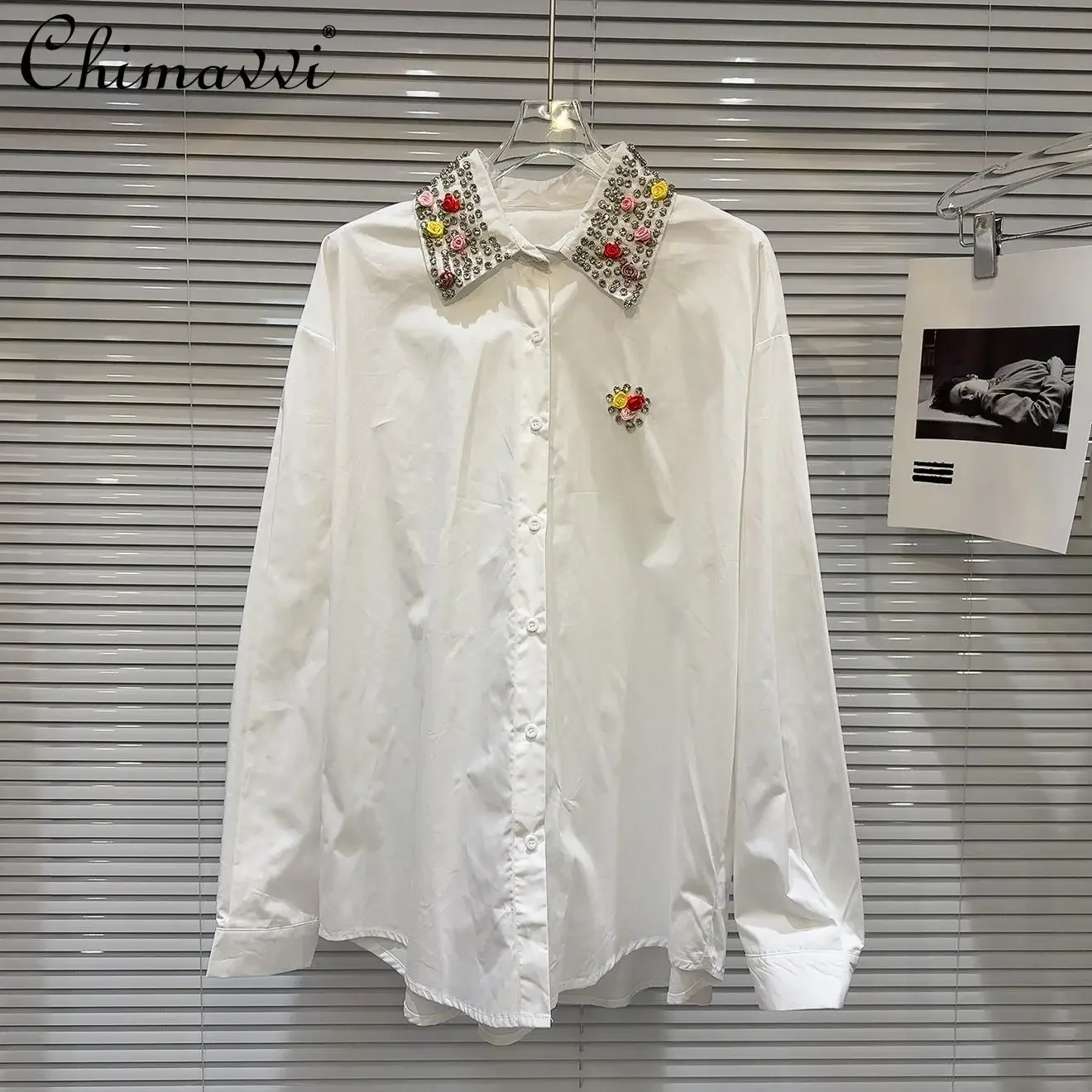 2025 Spring New Fashion Personalized 3D Flower Bead Lapel Design Heavy Shirt Loose Long-sleeved Streetwear Women's Blouse Top