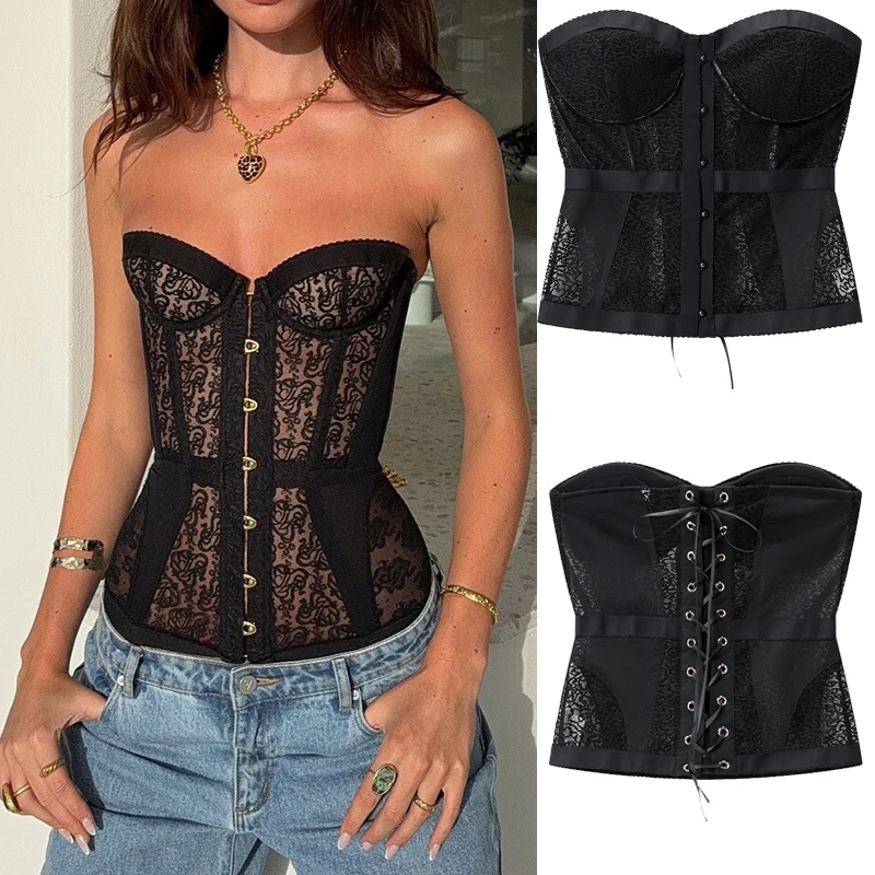 

Летний однотонный корсет без рукавов с открытой спиной, ажурные топы, женский кружевной жилет без бретелек на шнуровке из рыбьей кости, женская сексуальная праздничная одежда