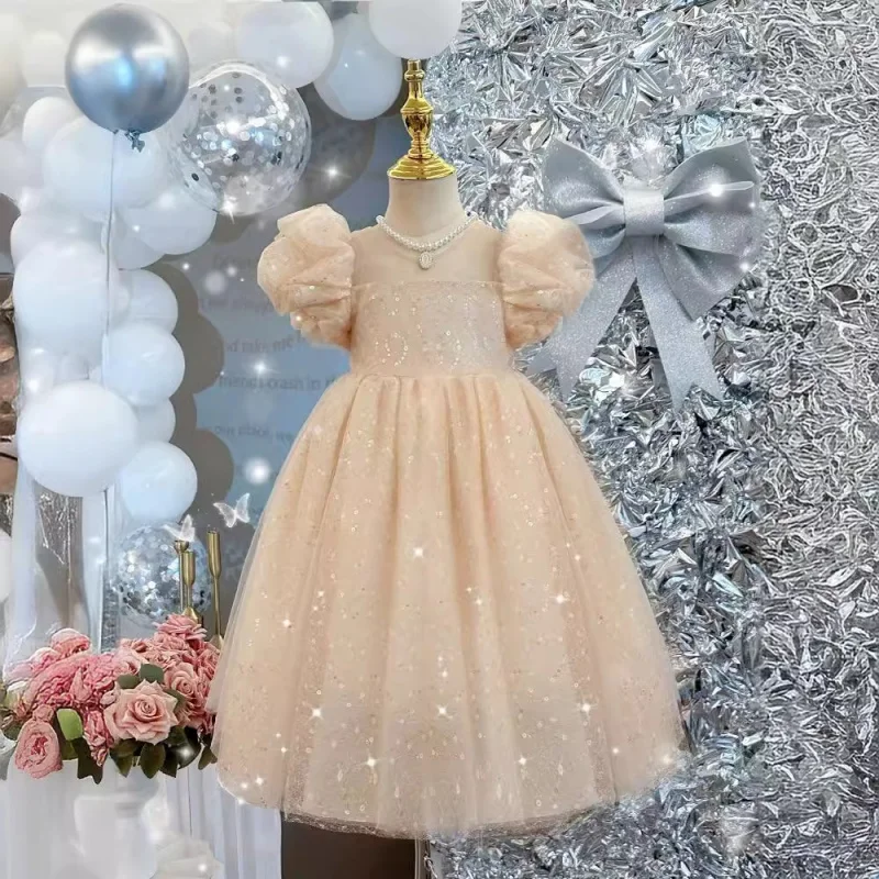 

Детское платье, новое высококачественное стильное платье принцессы с пышными рукавами для девочек, весеннее платье для выступления на день рождения с тяжелыми пайетками
