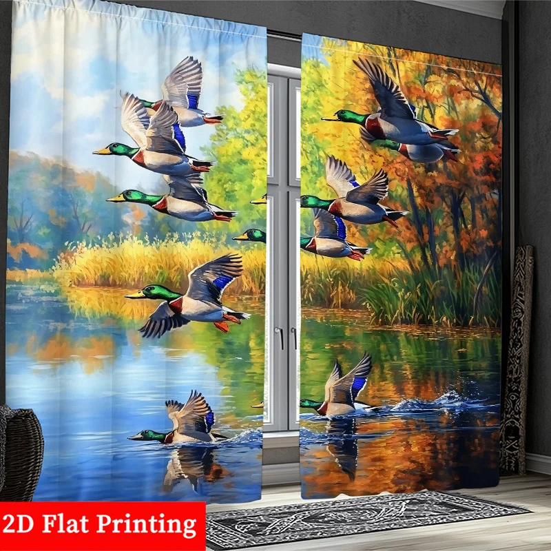 Flying Duck Curtain, 3D Lake Waterfowl Landscape Window Drape, Nature Hunting Scene Decor for Living Room, Realistic Bird Fabric