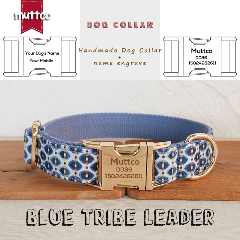 MUTTCO engraved metal buckle dog collar BLUE TRIBE LEADER personalized dog ID tag collar 5 sizes nameplate anti-lost pet UDC199