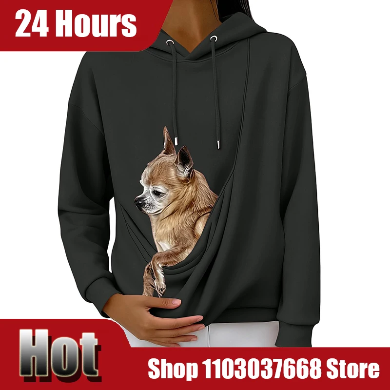 Sudadera con capucha para Mujer, bolsa para mascotas, Camisa deportiva, Gato y perro, soporte con bolsillo, Top, Ropa para Mujer, Tops para Mujer, Ropa De Invierno para Mujer