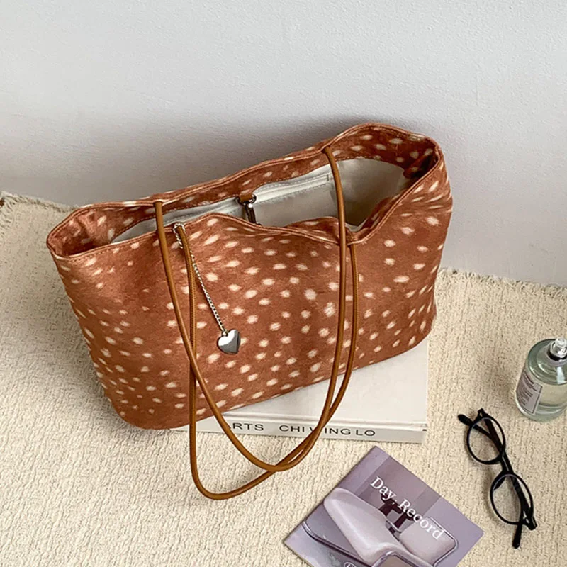 New Vintage Faux Suede Shoulder Bags for Women,Luxury Designer Deer Pattern Underarm Bag Ladies Large Capacity Commuter Tote Bag