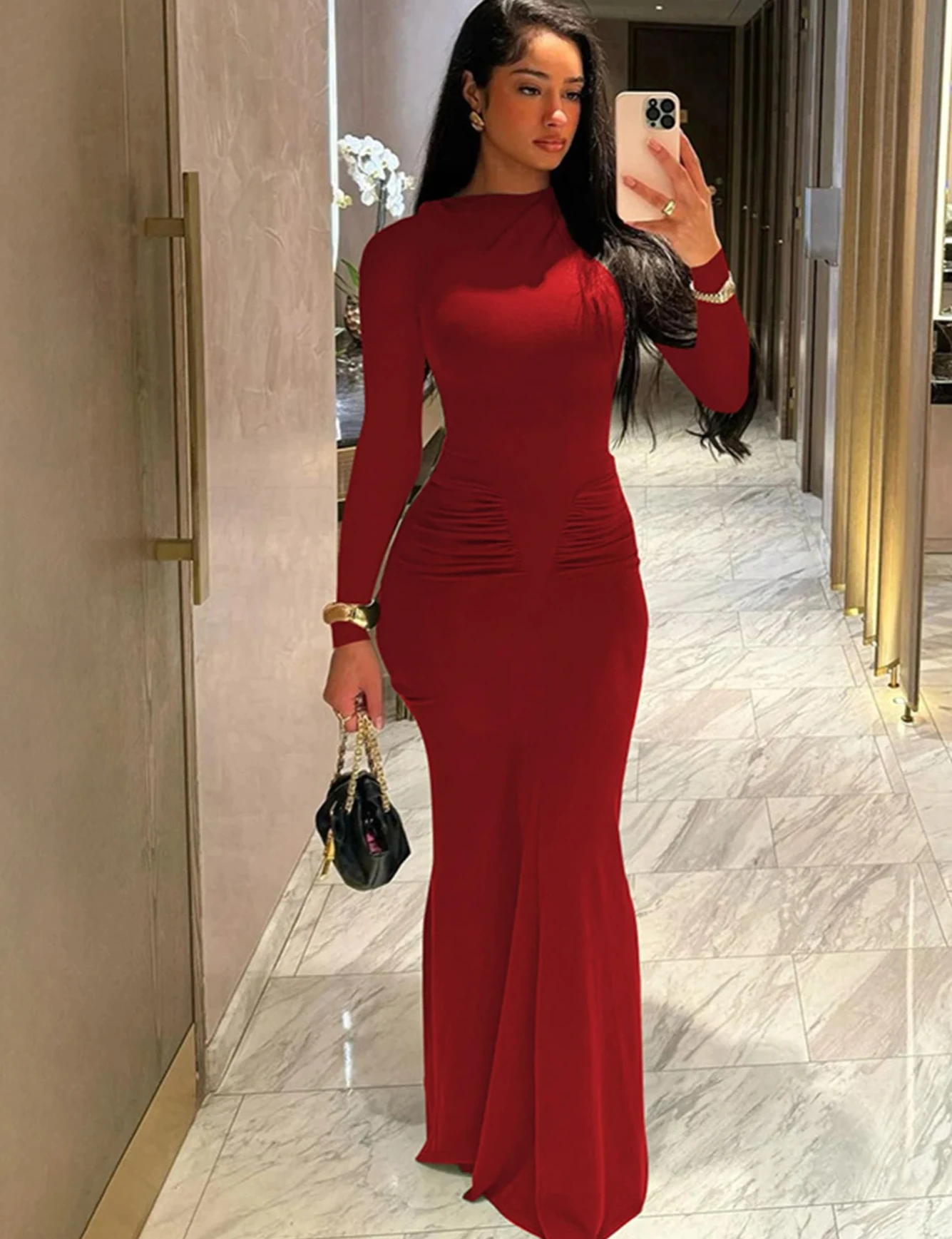 الخريف الصلبة طويلة الأكمام ثنيات مثير Bodycon ماكسي فستان حفلة موسيقية المرأة موضة ملابس السهرة الطرف