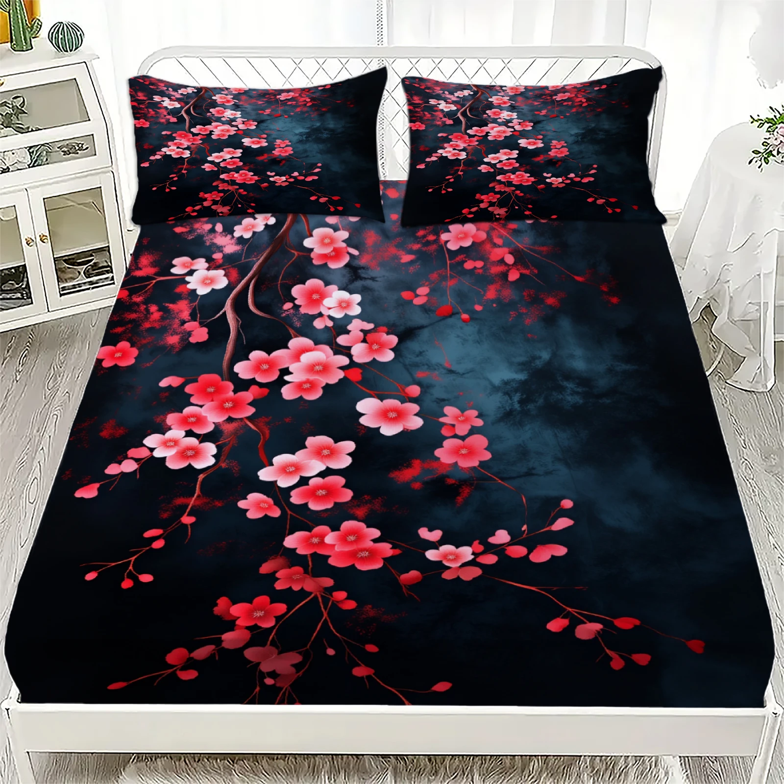 

Комплект из 3 предметов: простыня с 3D-принтом в виде цветов вишни, наволочки, без наполнителя, современный китайский дизайн в стиле тушь-эстамп