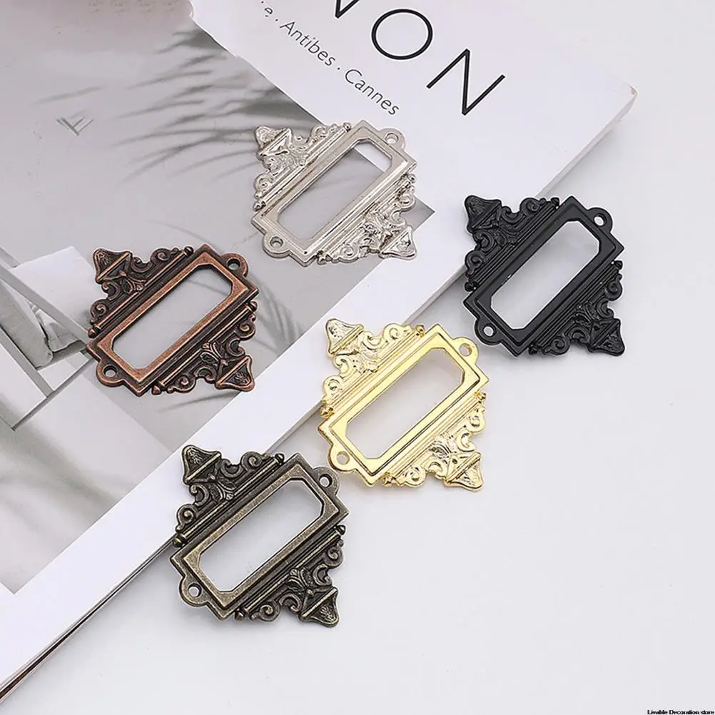 5Pcs Retro Furniture Cabinet Drawer Box Cast Iron Metal Tag Label Pull Frame Handle File Name Card Holder