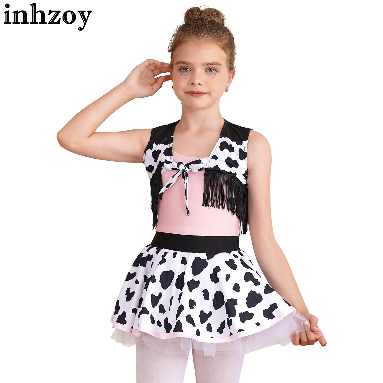 Kids Girls Western Cowgirl Costume Cow Print Tutu Dress with Tassels Vest Set for Purim Carnival Cosplay Event Party Dress Up