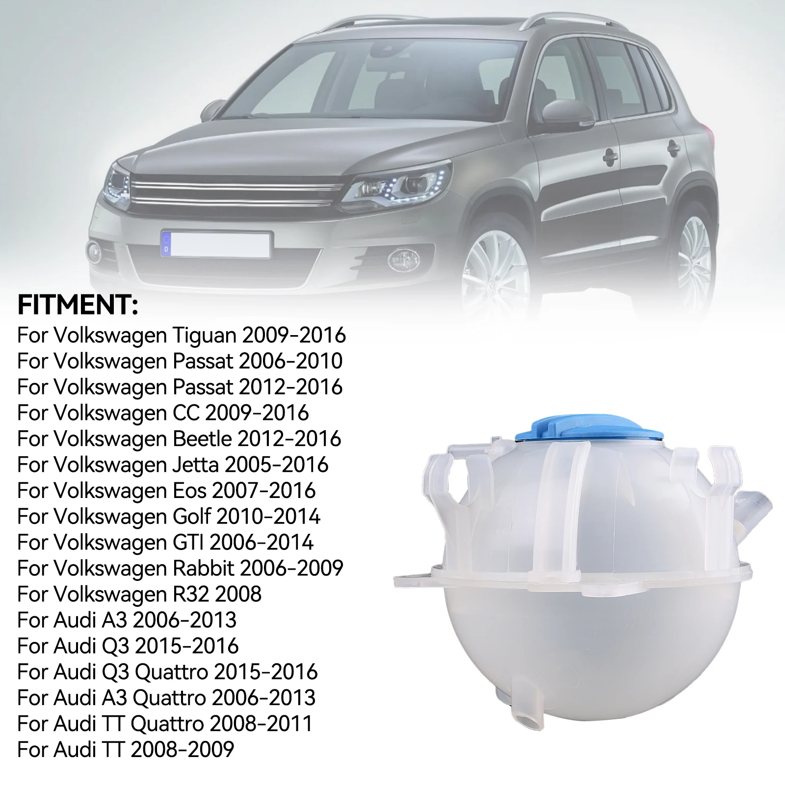 Coolant Radiator Reservoir Expansion Tank W/ Cap 1K0121407A For Audi A3 Q3 TT VW Jetta Golf MK5 MK6 Tiguan Passat CC Beetle Eos