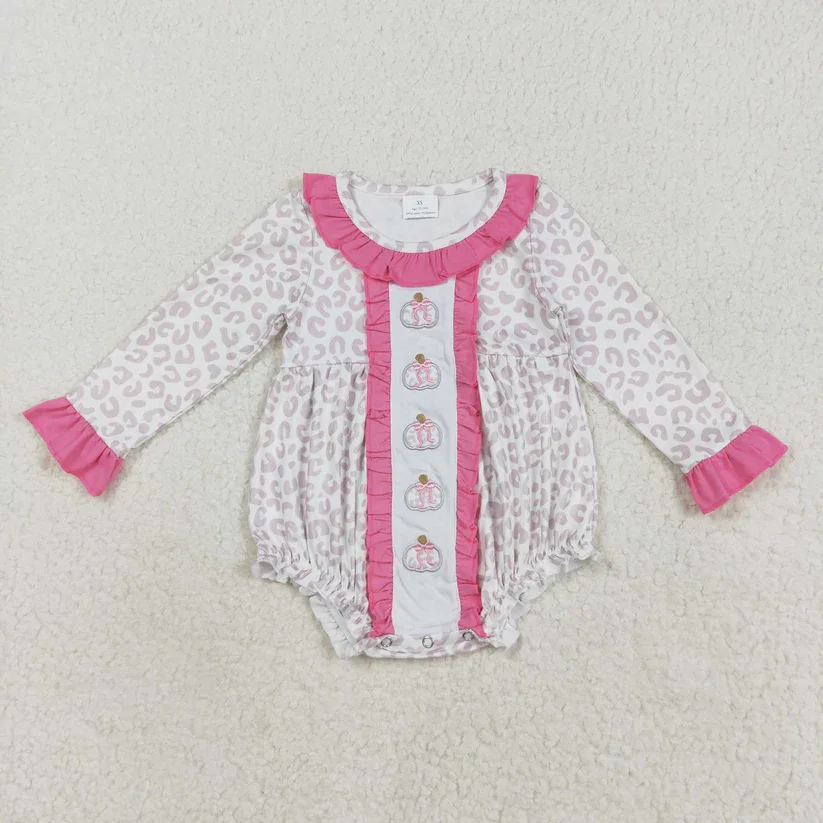 

Embroidery Leopard Pumpkin Bow Pink Lace Long Sleeve Onesie Toddler girls Rompers Fashion Kids Baby romper