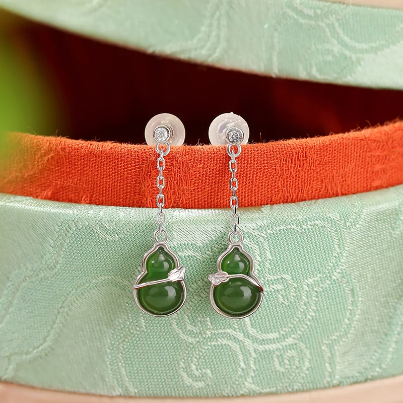 S925 Hetian Jade New Style Grass Pattern Hollow Fortune Gourd Silver Drop Earrings