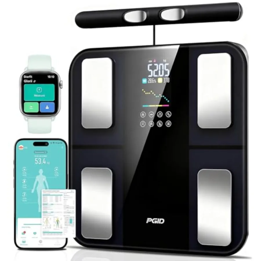 Bathroom scale for home use, tempered glass, black, 28-in-1 body composition analysis with 8-electrode BIA technology