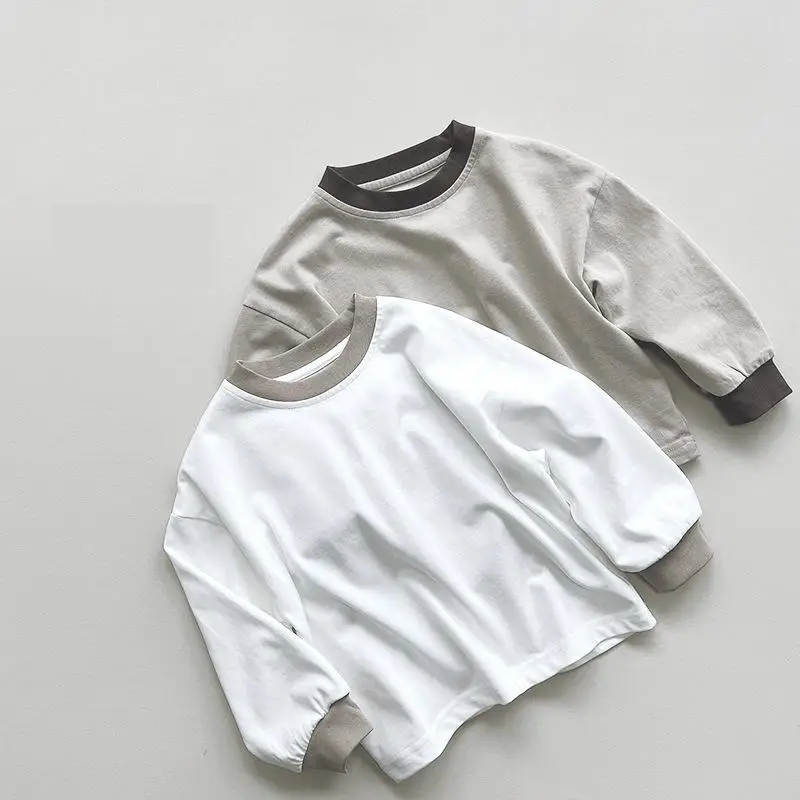 

2024 Spring New Kids Boys Girls Long Sleeve T-shirts Children Cotton Tees Solid Baby Casual Tops Loose Toddler T Shirts Clothes