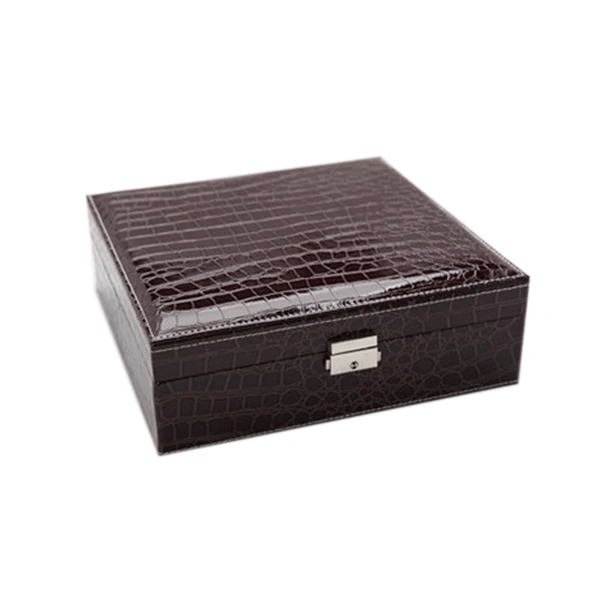 Leather Square Jewelry Box With Mirror Jewelry Cases Storage Box Crocodile Pattern Brown