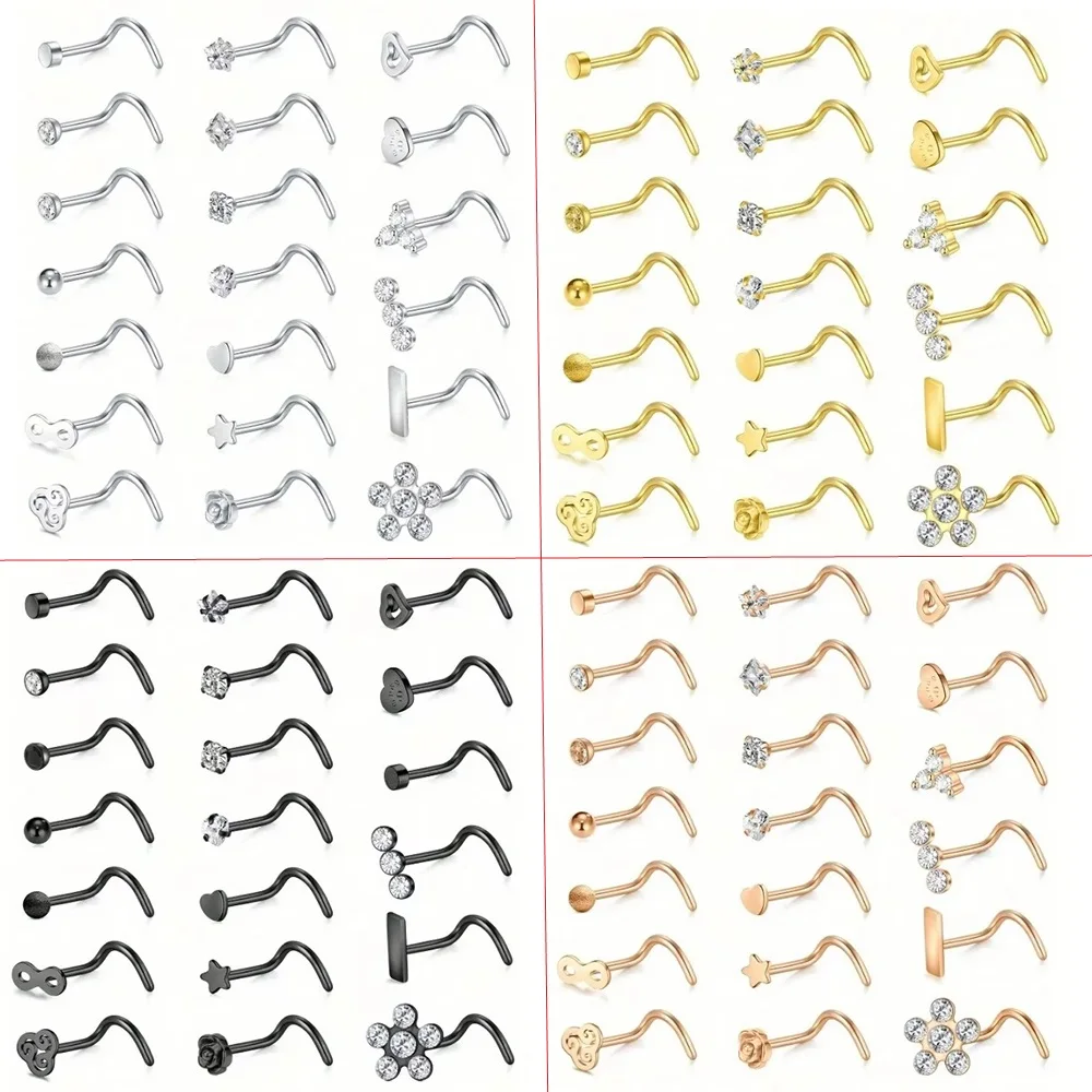 20pcs 20G Stainless Steel S-Shaped Nose Studs Nose Rings Pack Set Golden  Bar Length 7mm Body Piercing Jewelry