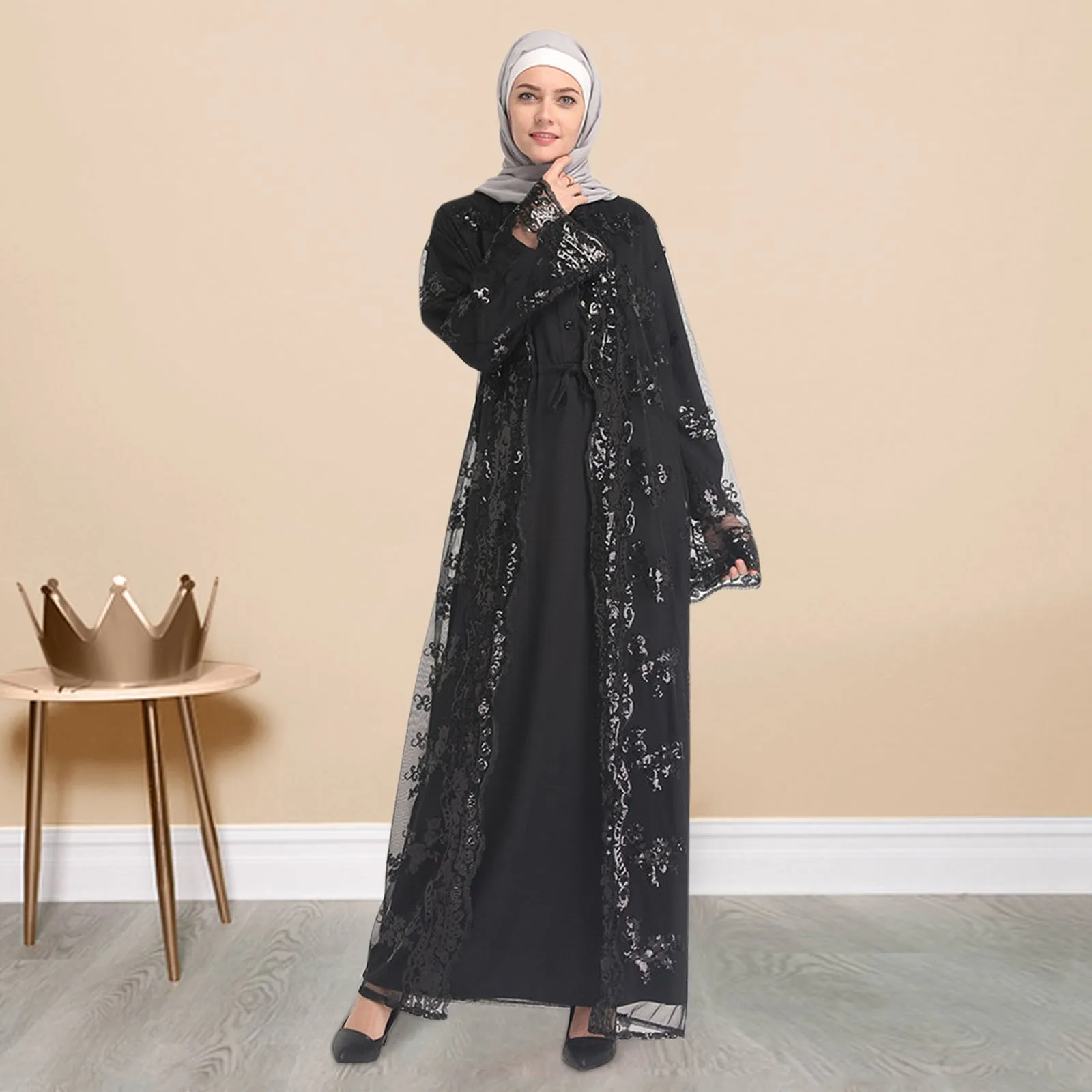 Women's Loose Cardigan Long Robe Sequin Splicing Hollow Out Middle Eastern Muslim Clothing Long Sleeve Prayer Maxi Dresses