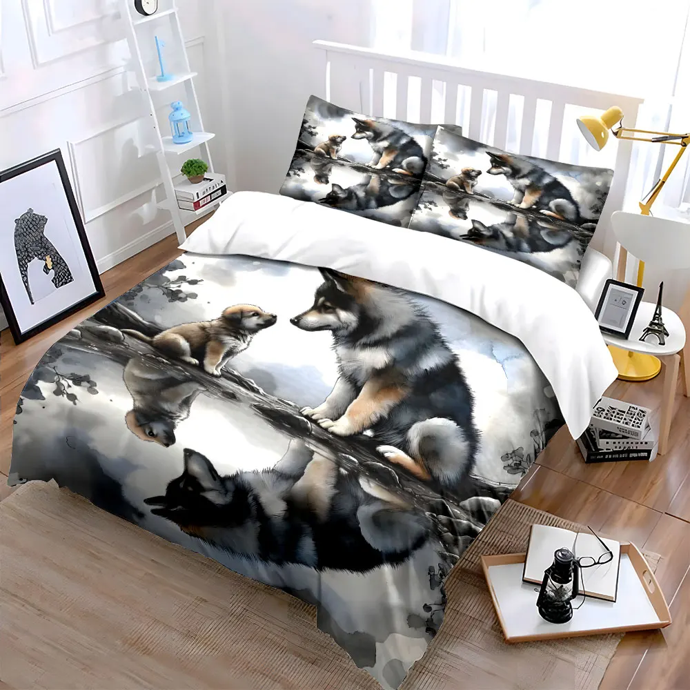 3pcs Wolf and pup by the lake reflection Pattern Duvet Cover Set Digital Print Colorful Polyester Bedding with Zipper Closur