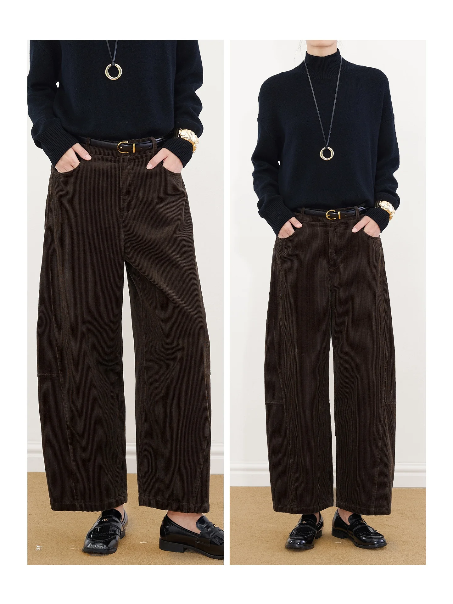 Moderne retro bruine corduroy broek met wijde pijpen, dames winter, casual, negen punten, hoge taille, rechte snit, katoenen broek