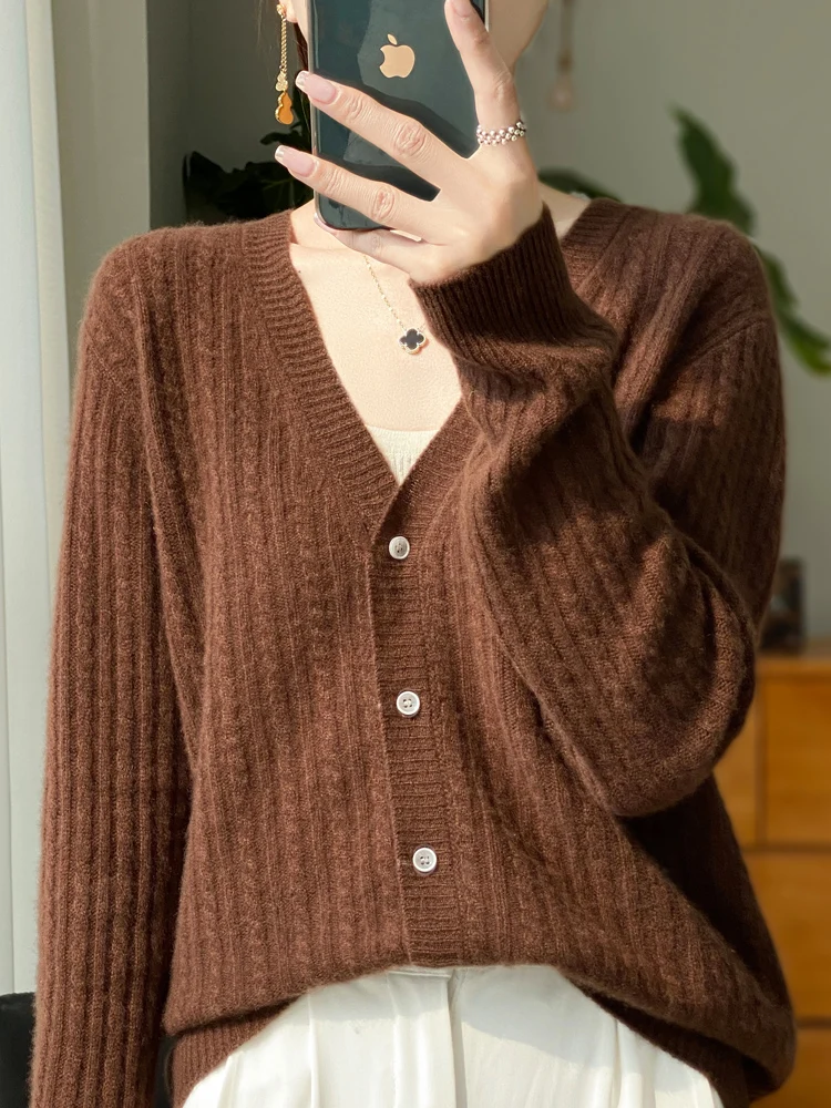 Suéter de manga comprida feminino, Cardigans 100% lã merino, decote em v, flor torcida, tops de caxemira, malha, roupas vintage, primavera, outono