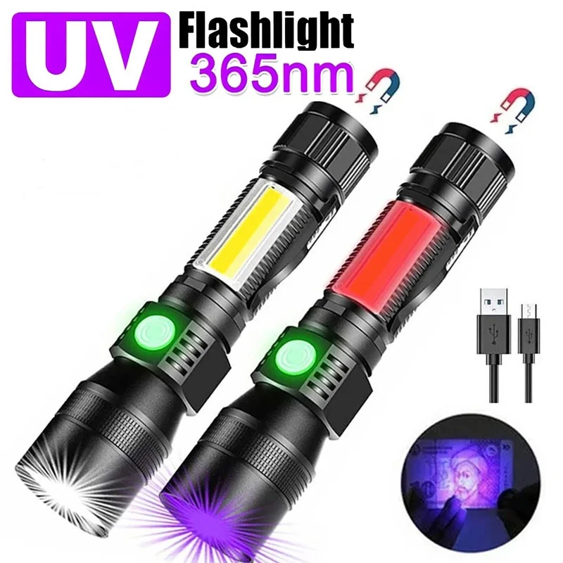 3 in 1 LED Flashlights UV Flashlight with 7 Modes LED Light Torch with COB Sidelight,Zoomable,Magnetic,Waterproof for Camping