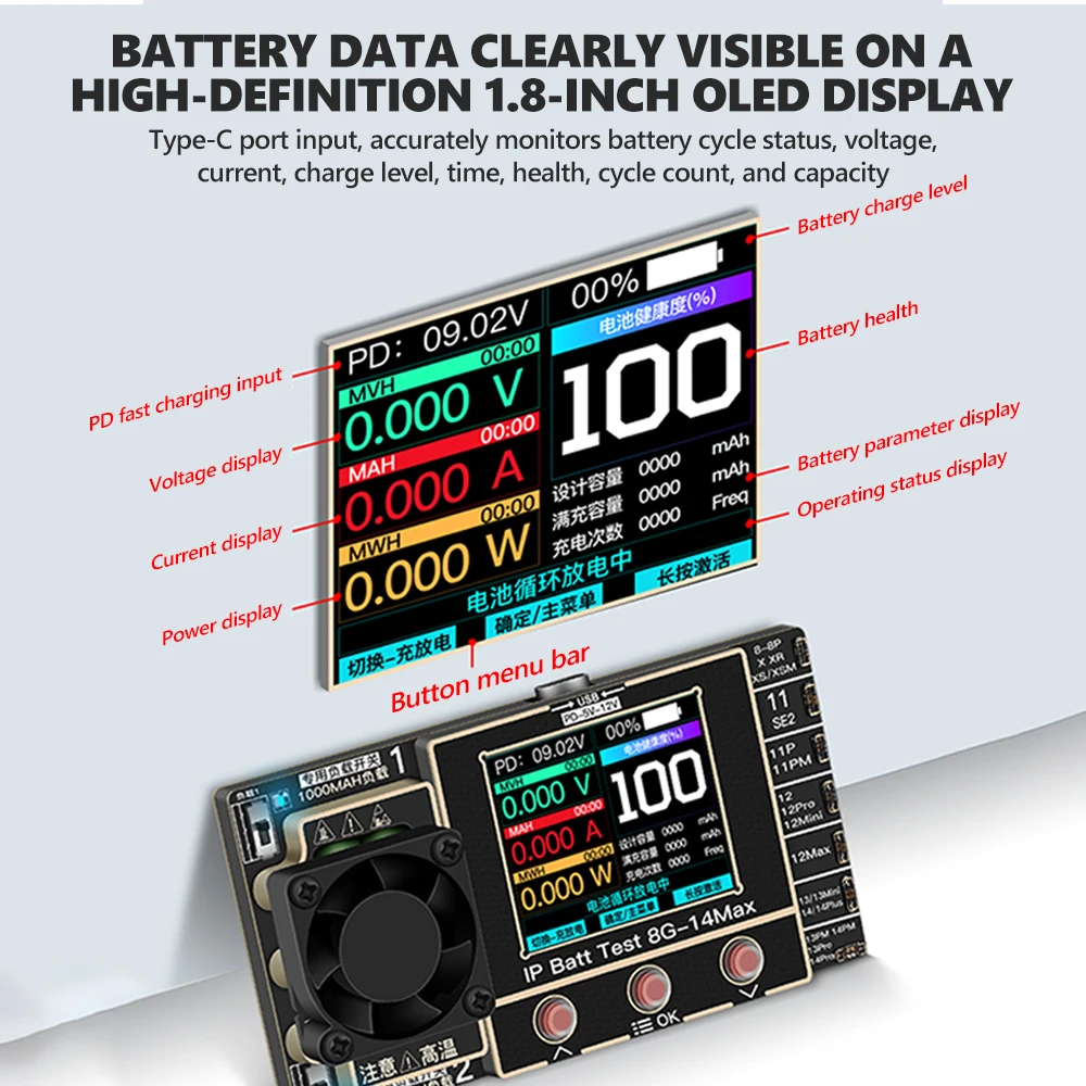 BT11 Battery Charge/Discharge Cycle Tester PD Fast Charging for IPhone 8-14PM Battery Repair Electrical Cycle Testing Tool
