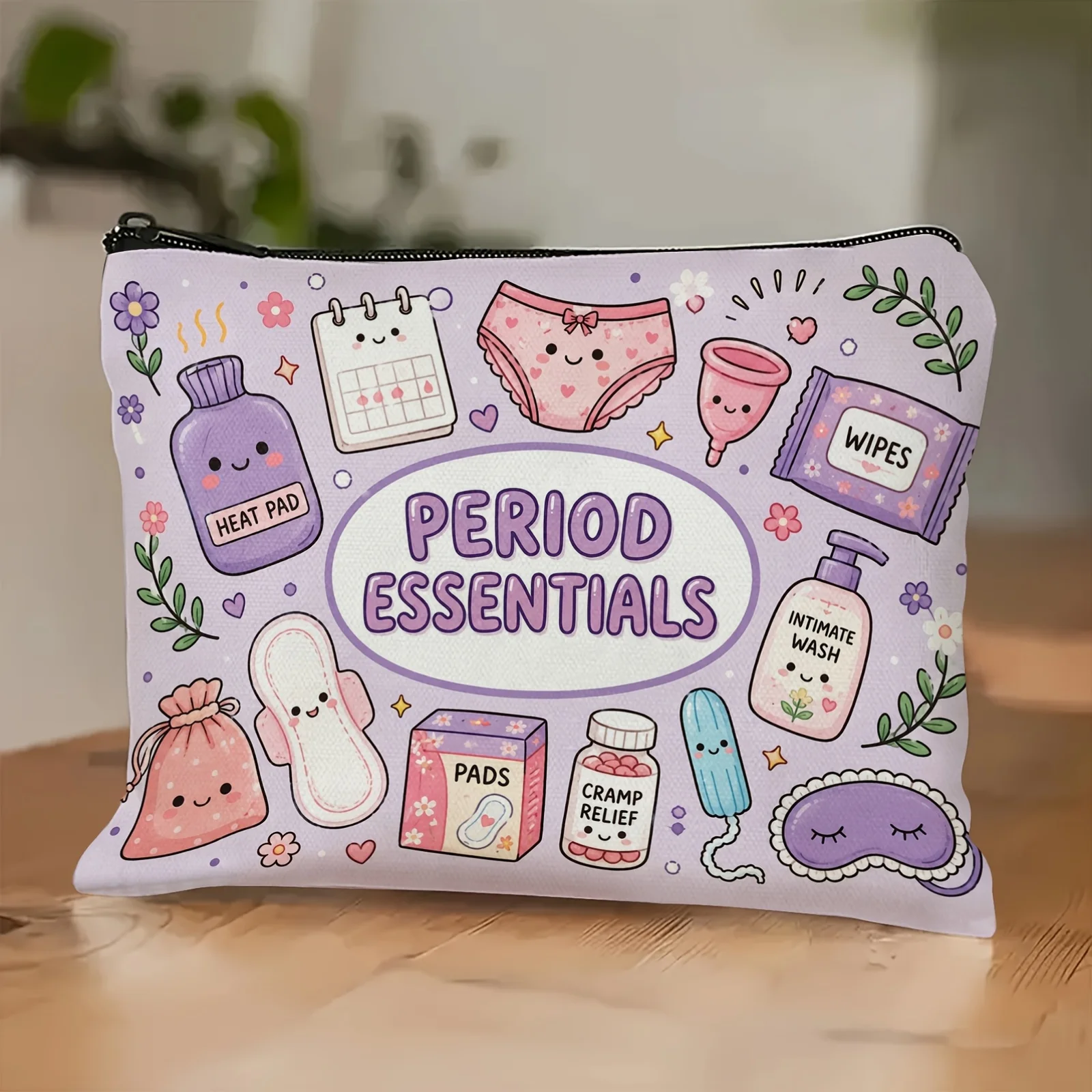 This Cosmetic Bag Features an Adorable Cartoon Sanitary Napkin Print Making It an Essential Storage Bag Travel Toiletry Bag