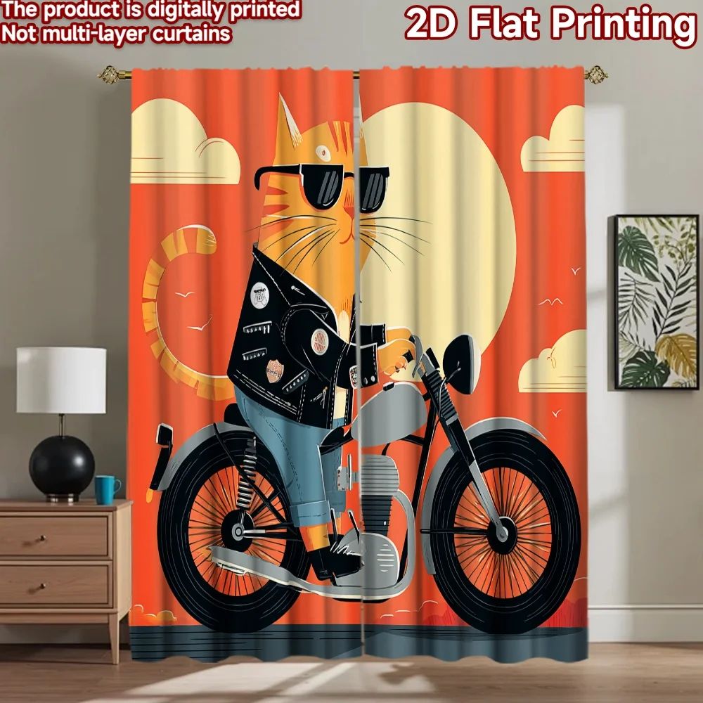 2D flat printing 2pcs Curtains Cool Cat Riding Motorcycle Digital Printed Polyester Drapes Birthday Party Use for Booths Studio